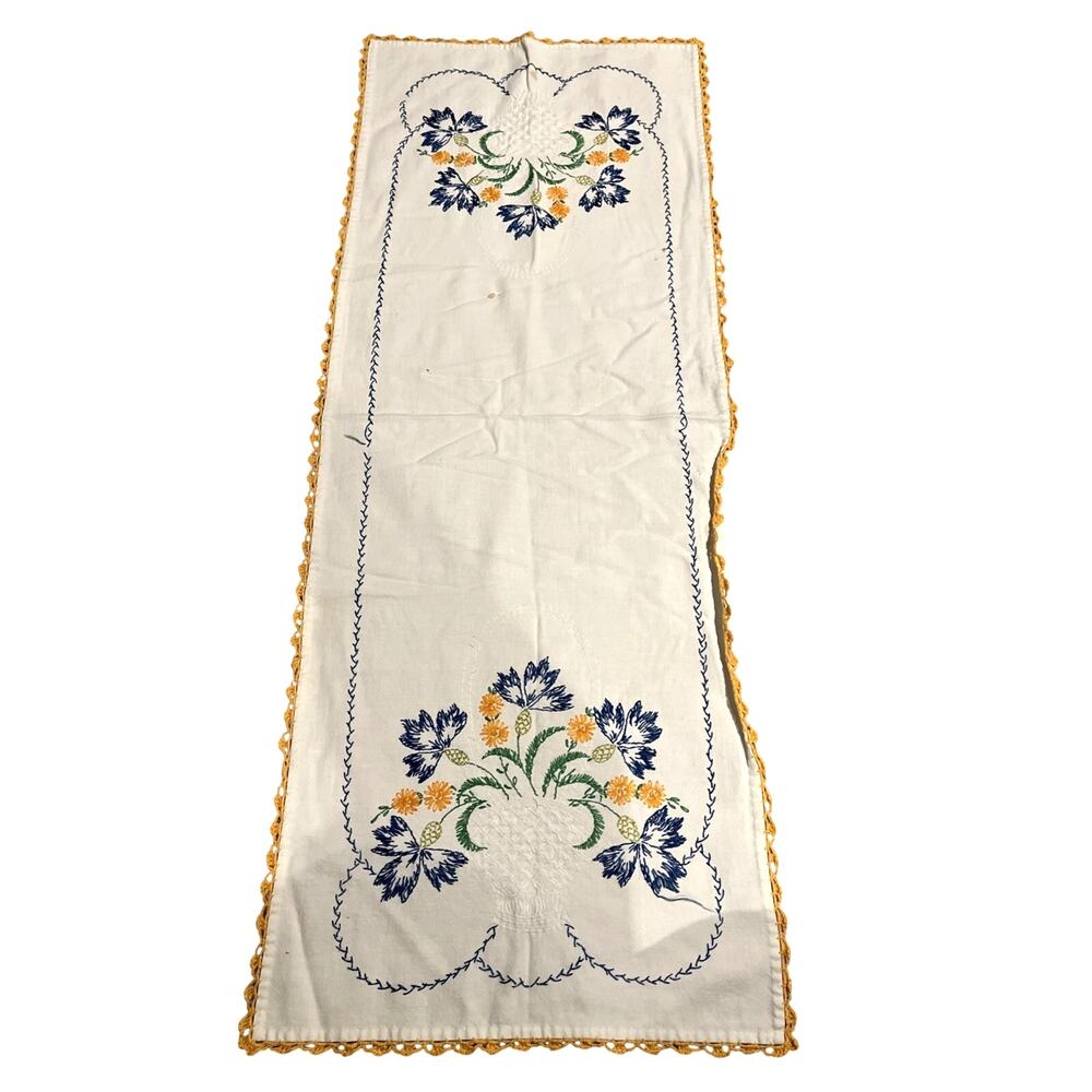 Vtg Ivory Embroidered Floral Linen Cotton Blend Crochet Edging Table Runner 38”